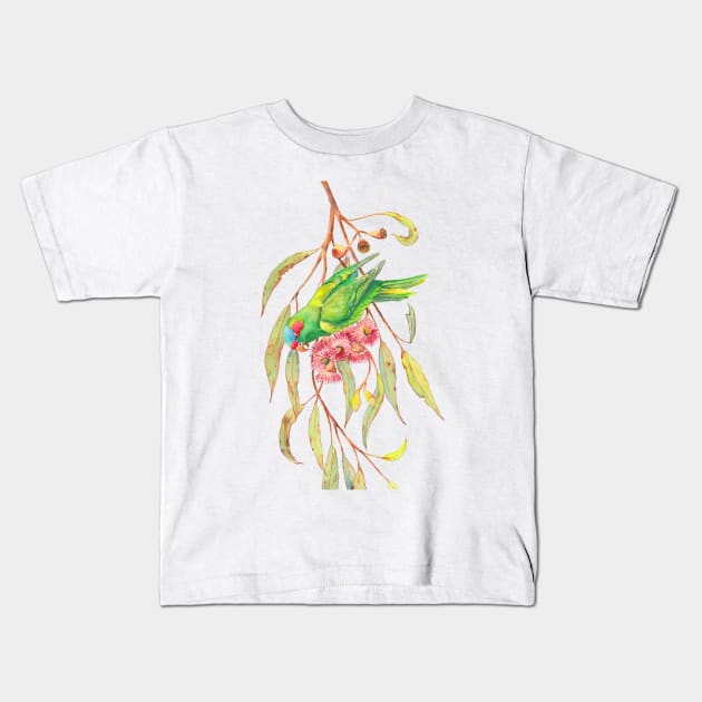 Musk lorikeet parrot and eucalyptus branch with pink flowers Kids T-Shirt by ZoyaArt